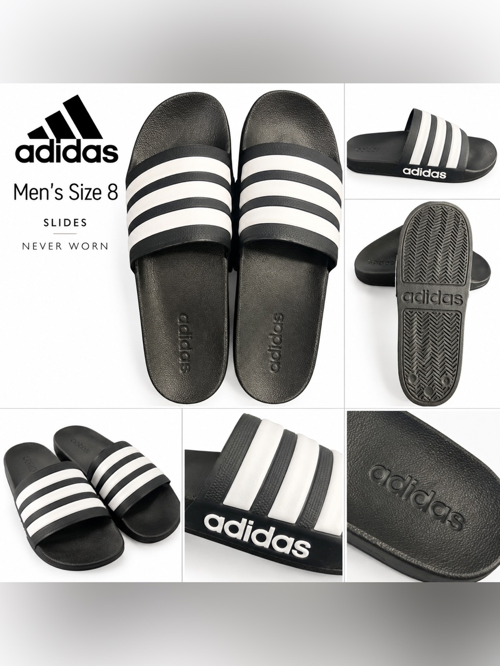 adidas Men’s Black & White 3 Stripe Slides – Size 8